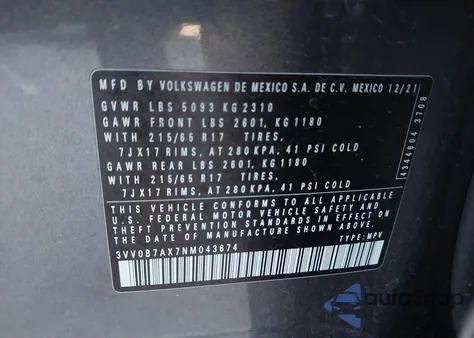 2022 Volkswagen Tiguan 2.0T S z USA, uszkodzony, nr VIN 3VV0B7AX7NM043674